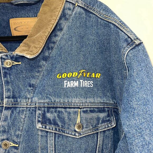 VTG Swingster Flannel‎ Lined Denim Trucker Jacket Mens 2XLT GoodYear Farm Tires - Picture 3 of 8